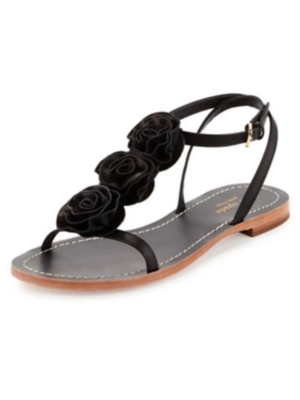 KATE SPADE Women's Caryl Rose Flower T-Strap Flat Sandal - Black, 7M